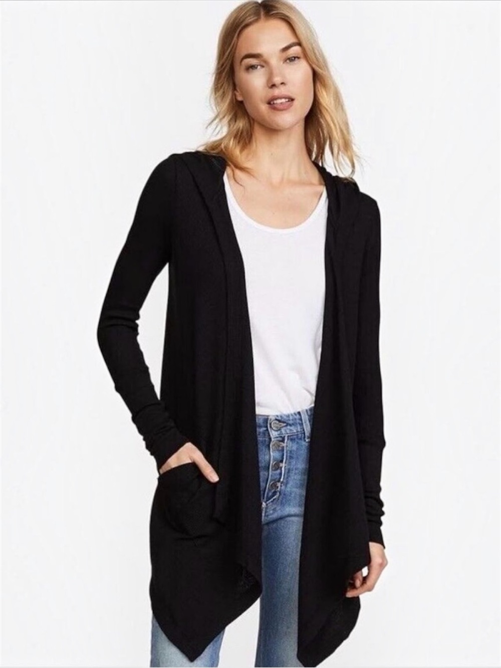 Splendid Thermal Flight Cardigan - Waffle Knit Open Front Hooded Wrap Black XS